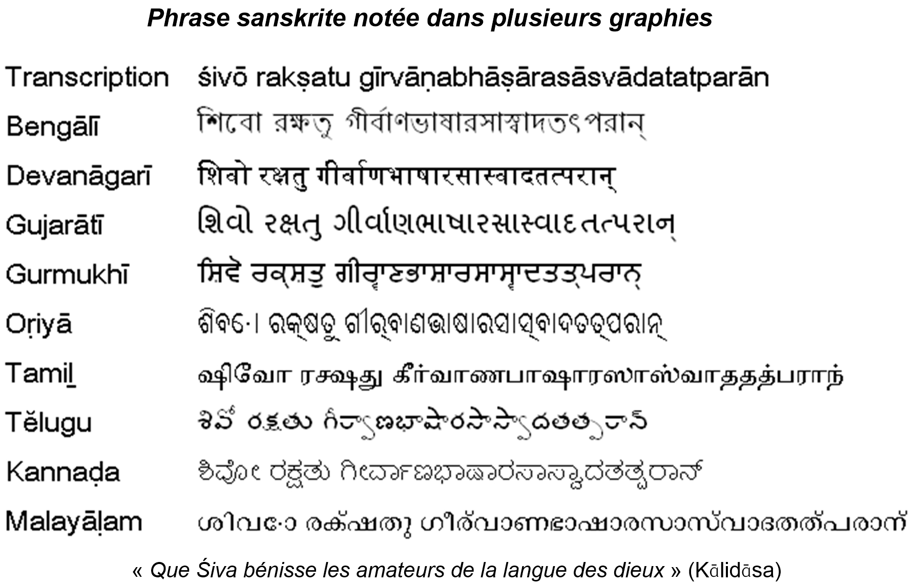Phrase sanskrite not�e en plusieurs graphies